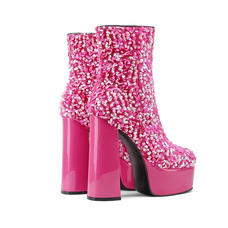 New Fashion Sequined Women Boots Platform Square High Heel Ankle Boots Autumn Winter Female Punk Boots Purple Blue Pink Gold