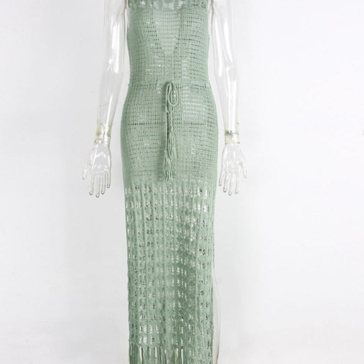 New Fringe Tassel Knitted Beach Cover Up Cover-ups Beach Wear Sexy Backless Vestidos Hollow Out Robe Long Beach Dress Slit