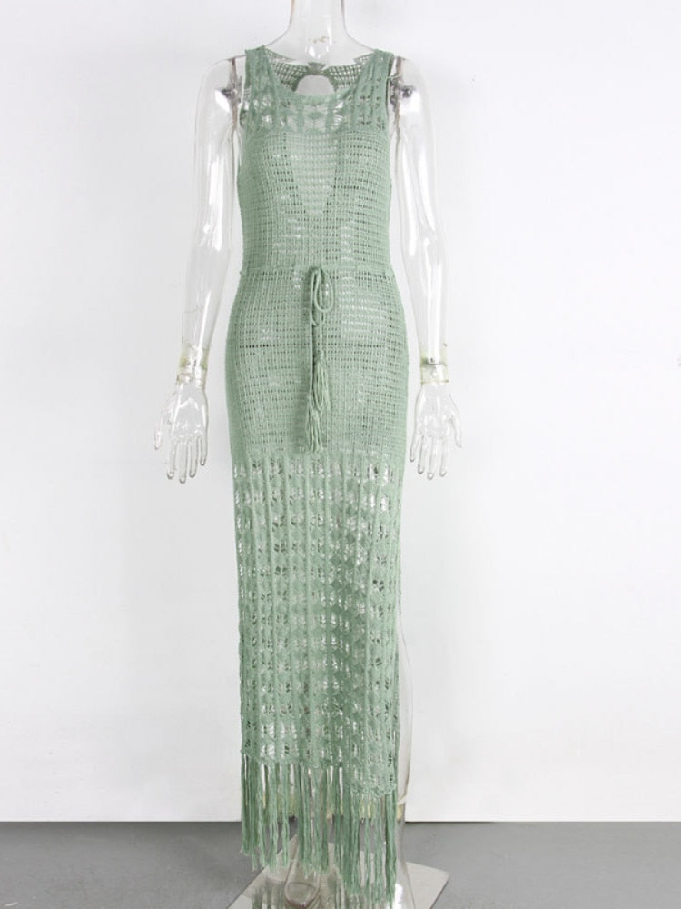 New Fringe Tassel Knitted Beach Cover Up Cover-ups Beach Wear Sexy Backless Vestidos Hollow Out Robe Long Beach Dress Slit