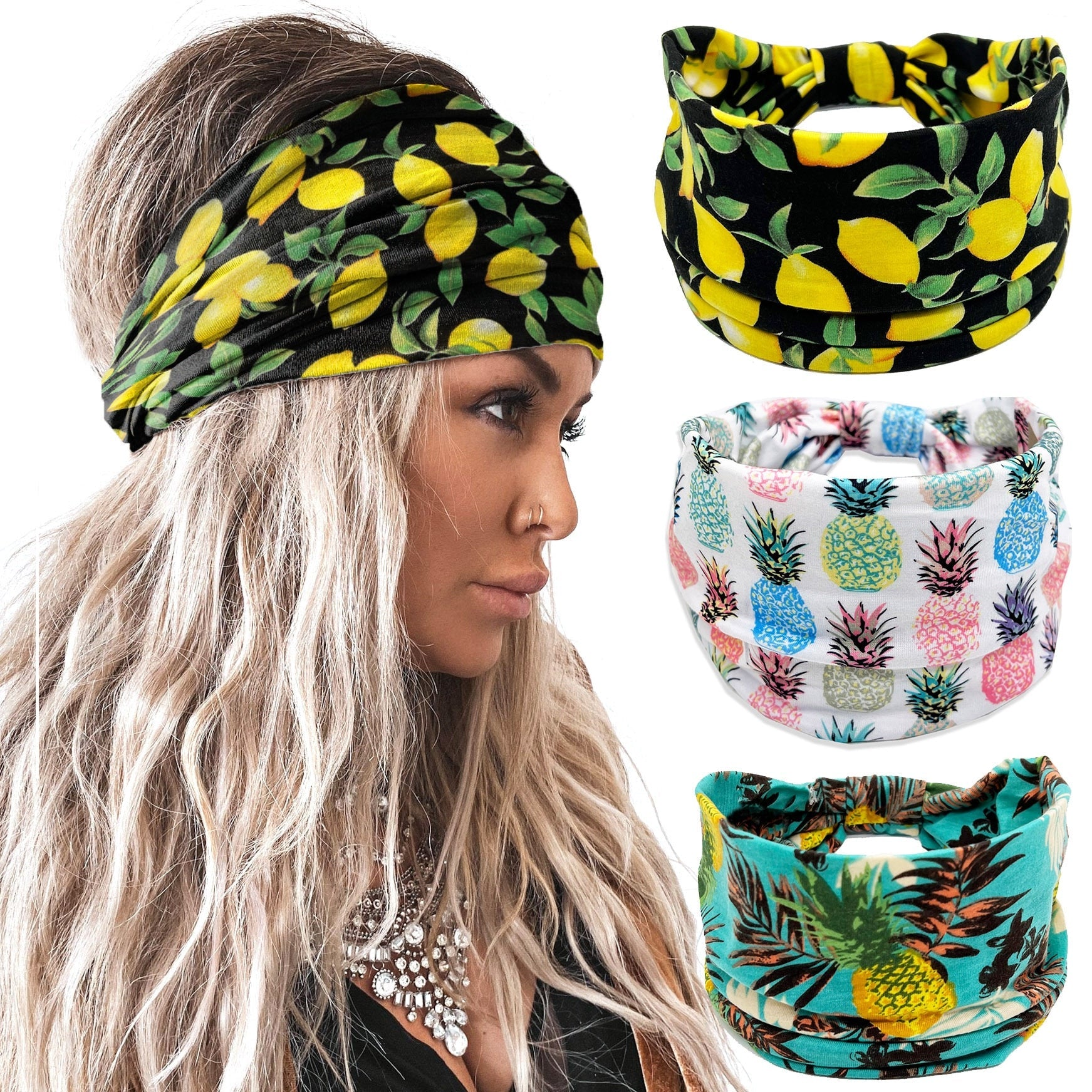 New Fruit Print Wide Headwrap Headbands for Women Boho Knoted Elastic Beach Hair Bands Girls Hair Accessories Turban Bandage AMAIO