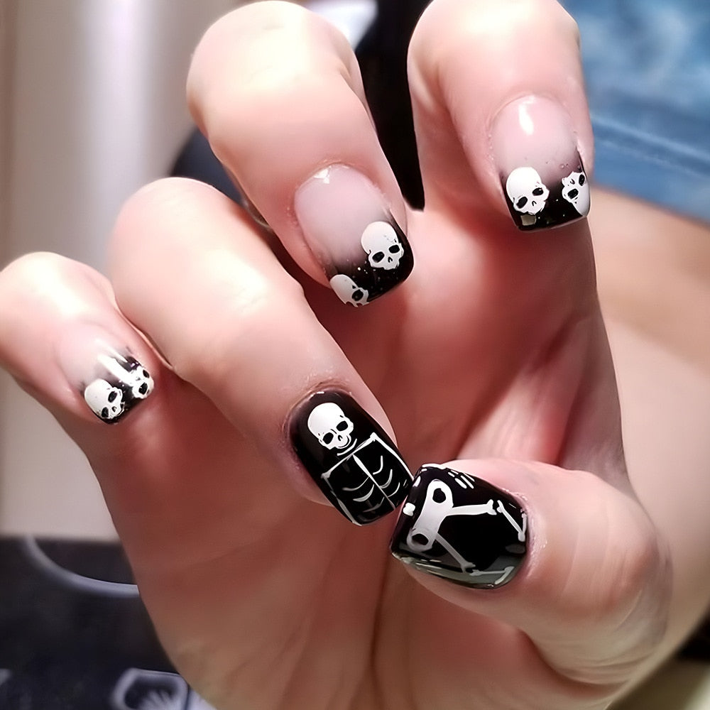 New Halloween Fake Nails Patch Black Almond/Coffin Head Artificial Nail Tips Pumpkin Spider Ghost Printed Press on Nail for Girl Z6