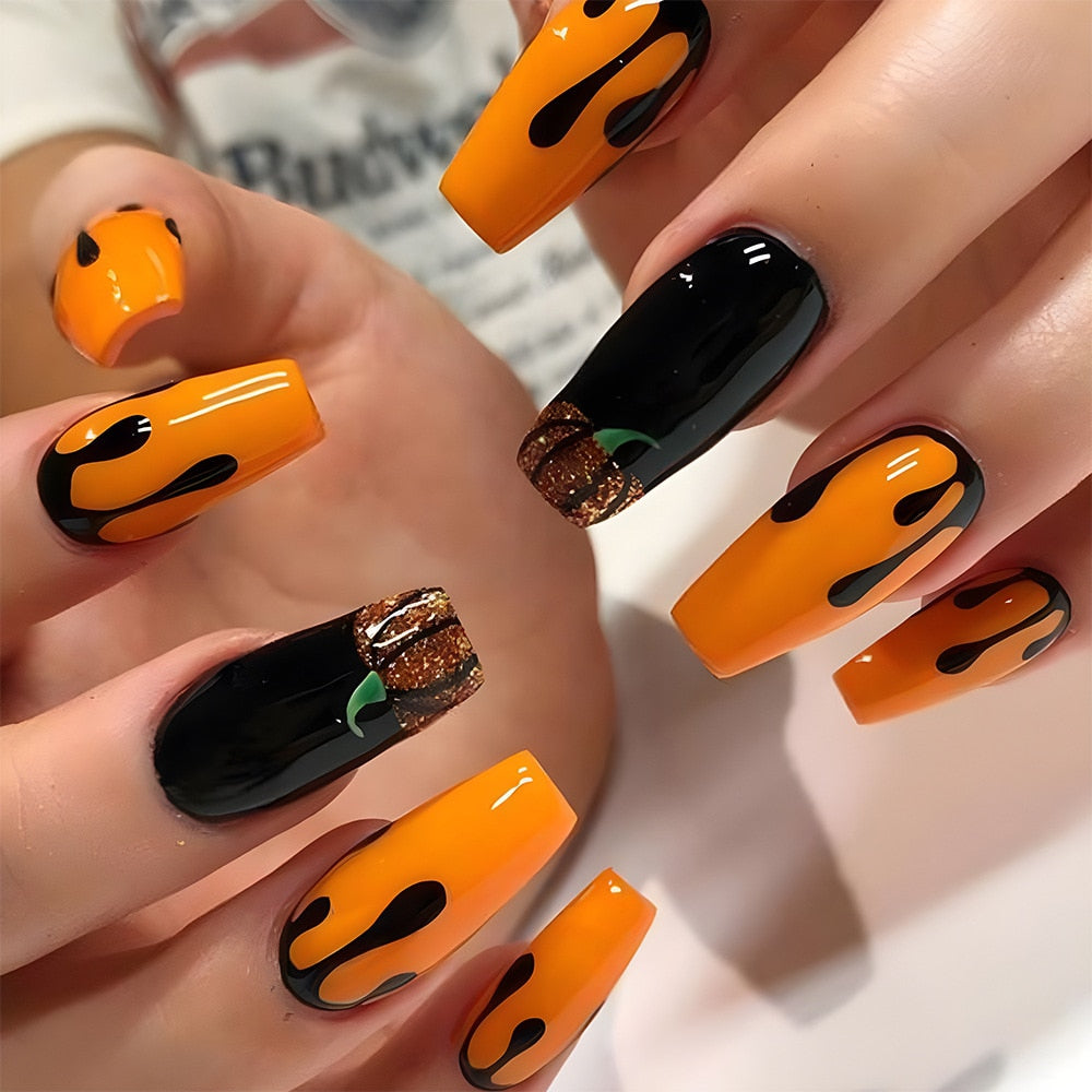 New Halloween Fake Nails Patch Black Almond/Coffin Head Artificial Nail Tips Pumpkin Spider Ghost Printed Press on Nail for Girl Z10