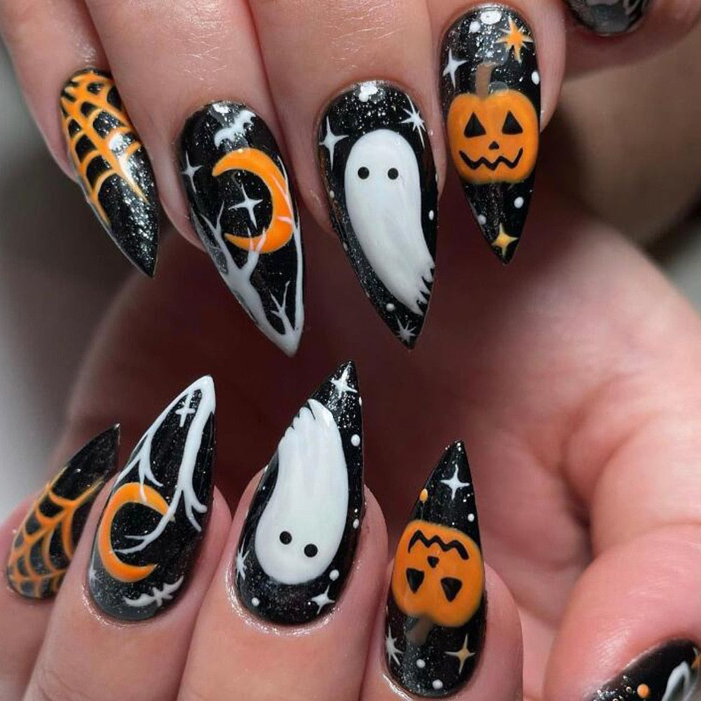 New Halloween Fake Nails Patch Black Almond/Coffin Head Artificial Nail Tips Pumpkin Spider Ghost Printed Press on Nail for Girl AMAIO