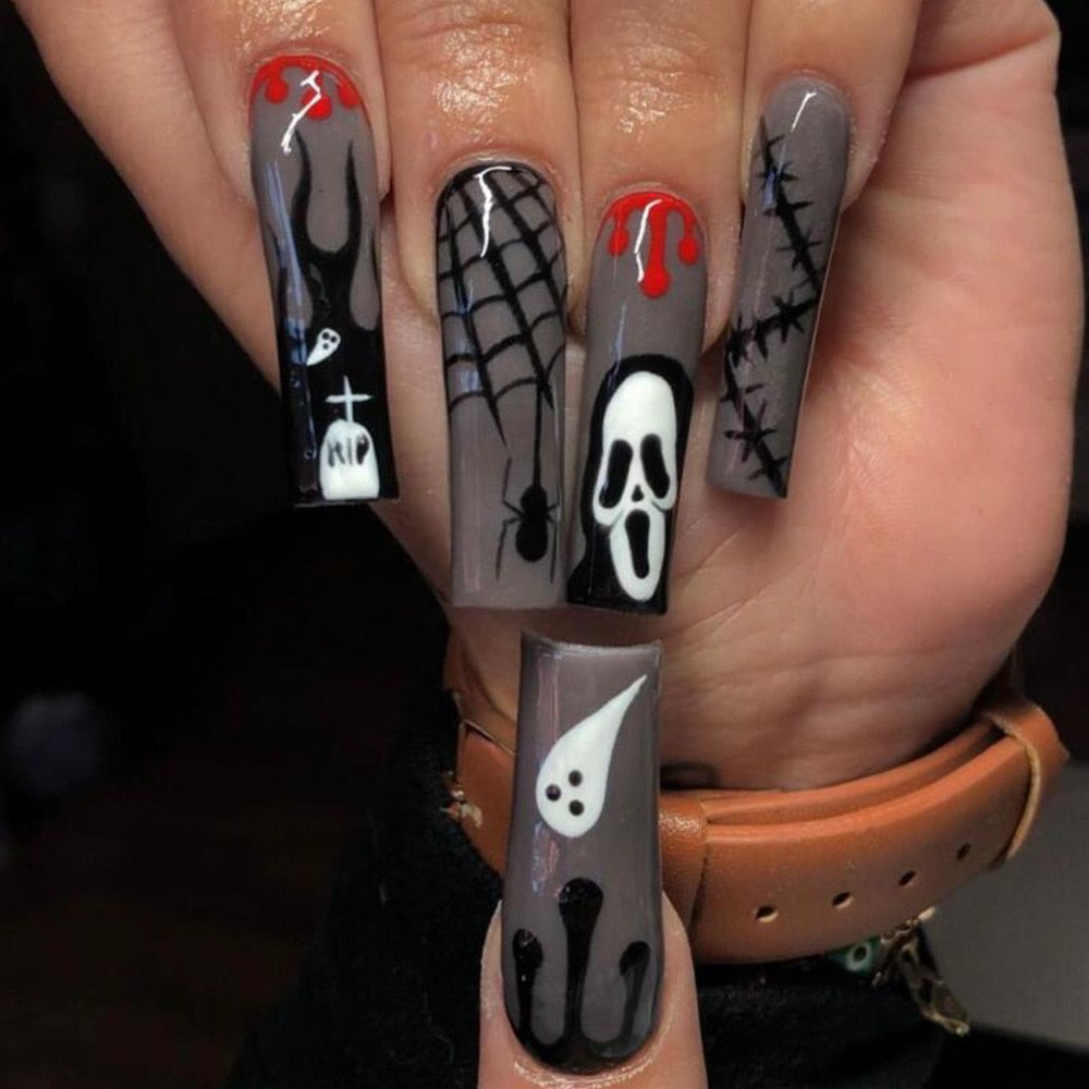 New Halloween Fake Nails Patch Black Almond/Coffin Head Artificial Nail Tips Pumpkin Spider Ghost Printed Press on Nail for Girl Z9