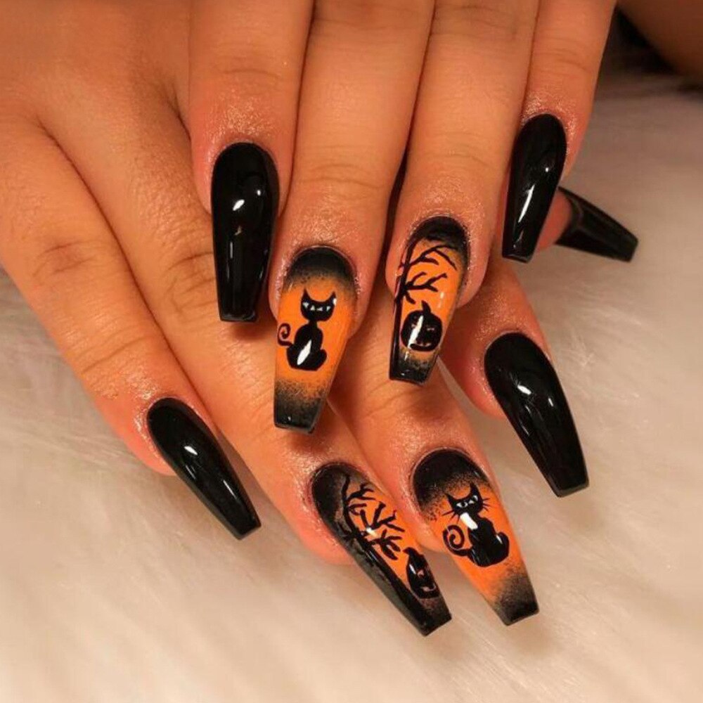 New Halloween Fake Nails Patch Black Almond/Coffin Head Artificial Nail Tips Pumpkin Spider Ghost Printed Press on Nail for Girl Z3