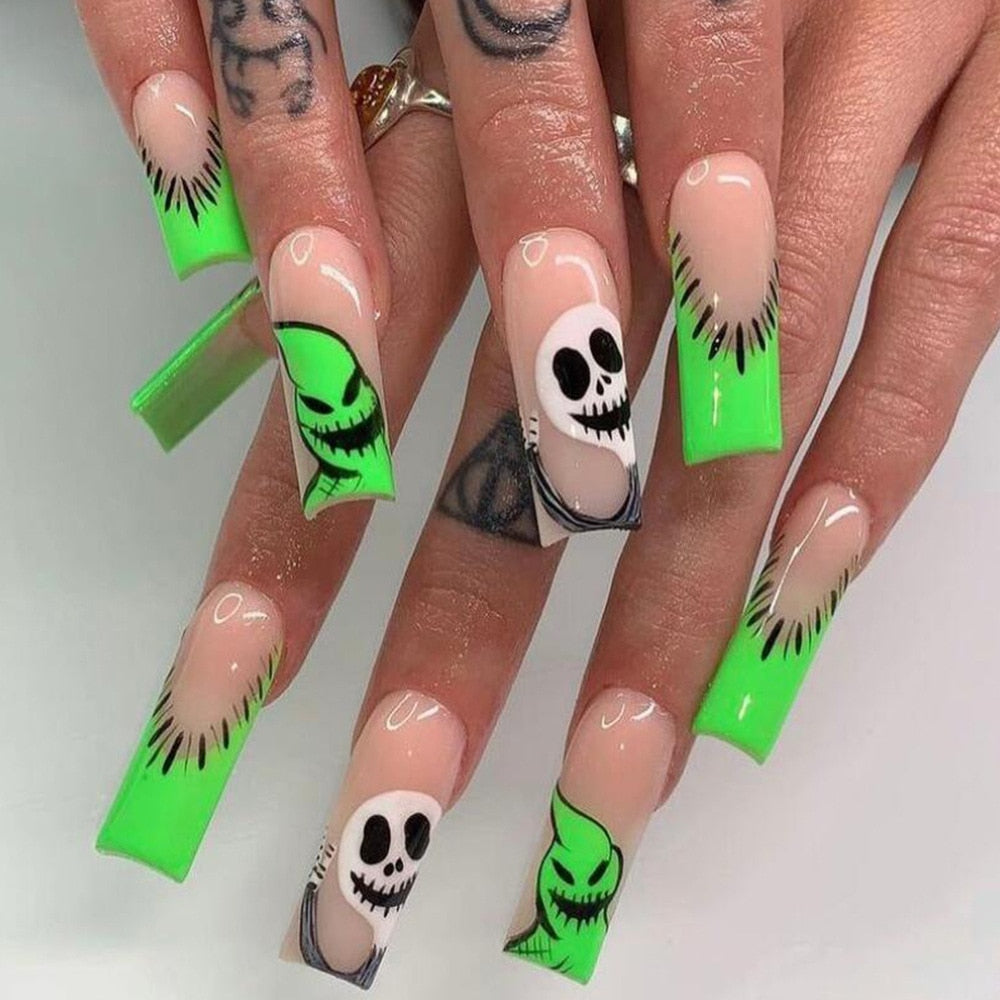 New Halloween Fake Nails Patch Black Almond/Coffin Head Artificial Nail Tips Pumpkin Spider Ghost Printed Press on Nail for Girl Z2