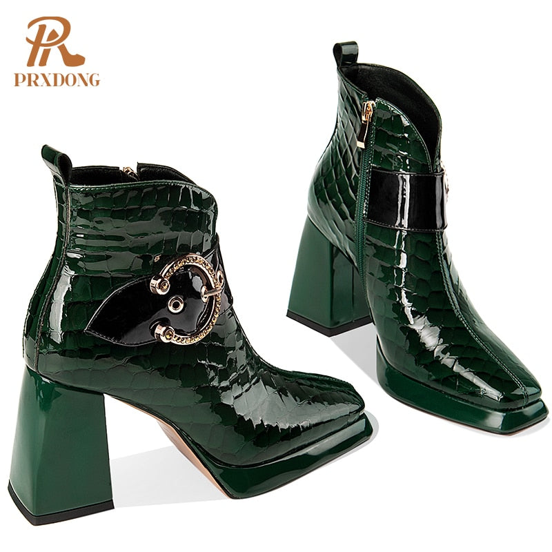 New Genuine Leather Women's Boots Ladies Ankle Boots High Heels Buckle Platform Shoes for Female Autumn Winter