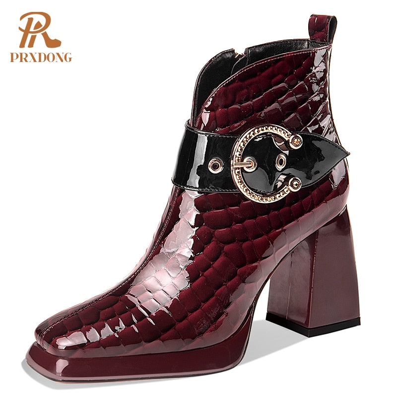 New Genuine Leather Women's Boots Ladies Ankle Boots High Heels Buckle Platform Shoes for Female Autumn Winter red in leather