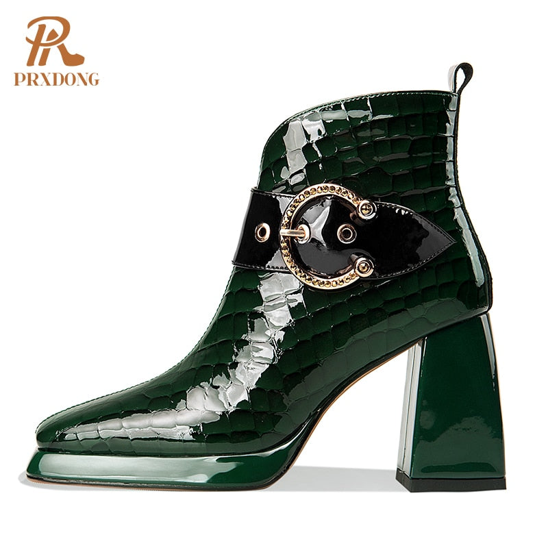New Genuine Leather Women's Boots Ladies Ankle Boots High Heels Buckle Platform Shoes for Female Autumn Winter