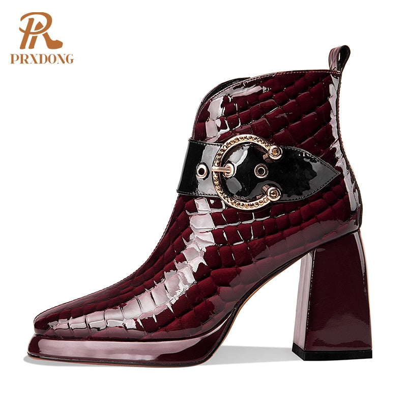 New Genuine Leather Women's Boots Ladies Ankle Boots High Heels Buckle Platform Shoes for Female Autumn Winter