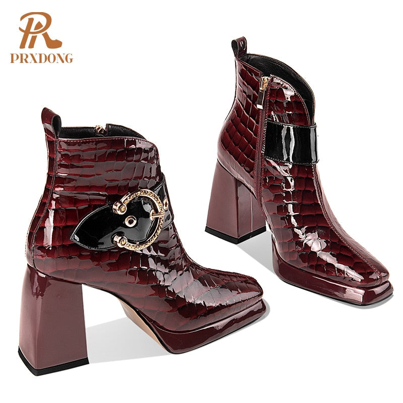 New Genuine Leather Women's Boots Ladies Ankle Boots High Heels Buckle Platform Shoes for Female Autumn Winter