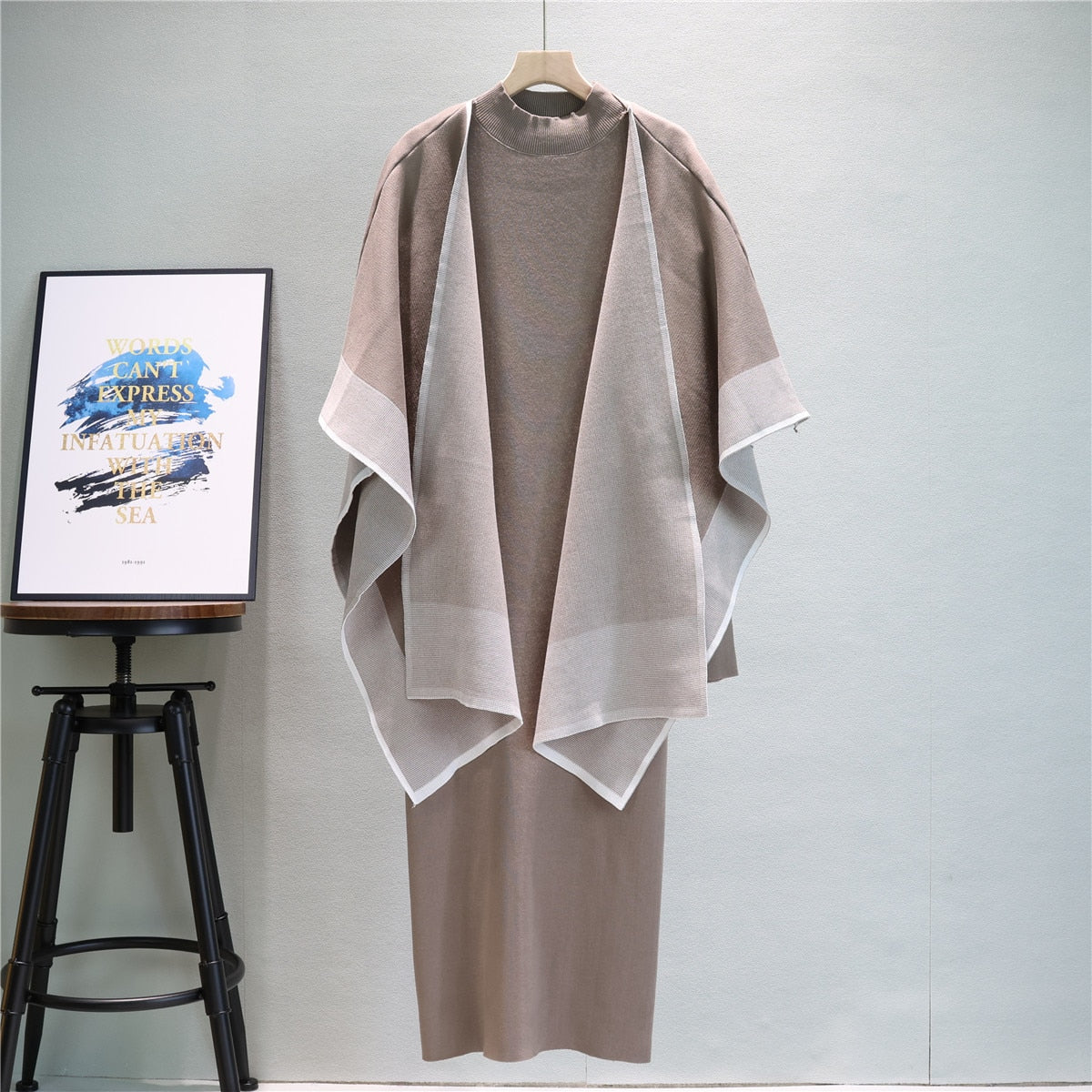 New In Autumn Winter Dress Elegant Women's Clothing Long Sleeve Sweater Knitted Dress Two-piece Sets With Scarf 2024 Coffee One Size