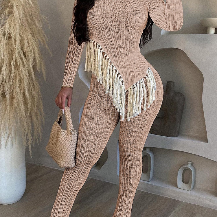 New In Fringe Tassel Long Sleeve Top and Pants Two Piece Set for Women Autumn Winter Birthday Party Club Night Outfit Khaki Sets