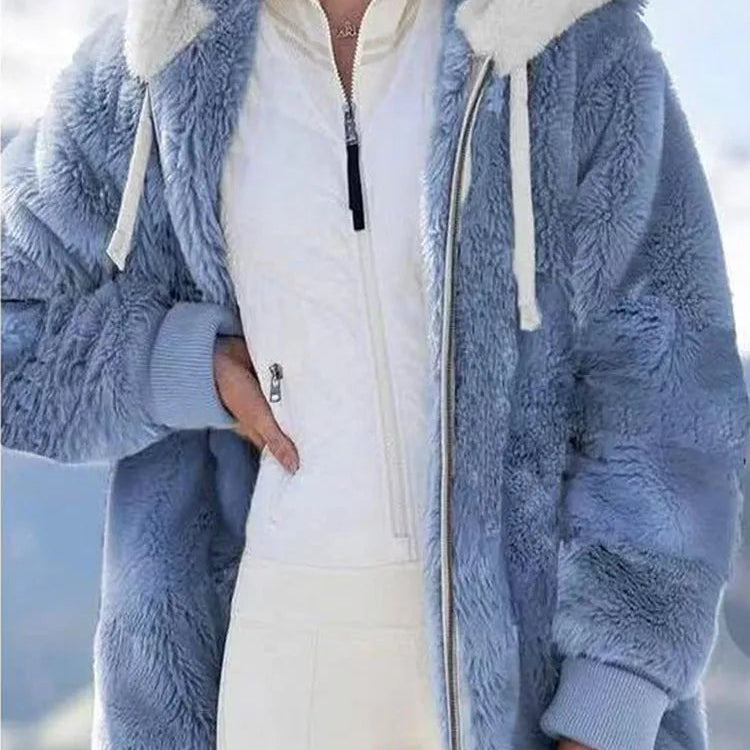 New In Spring Autumn Loose Plush Zipper Hooded Jacket Women's Coats and Jackets Women's Pink Clothes Winter Jackets Women Tops Blue