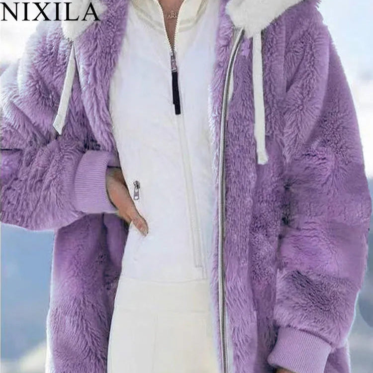 New In Spring Autumn Loose Plush Zipper Hooded Jacket Women's Coats and Jackets Women's Pink Clothes Winter Jackets Women Tops