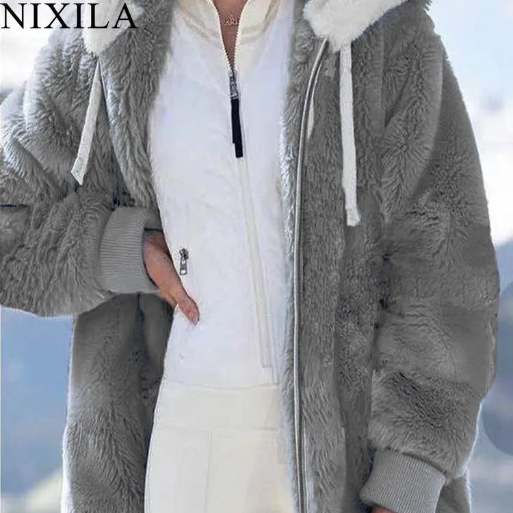 New In Spring Autumn Loose Plush Zipper Hooded Jacket Women's Coats and Jackets Women's Pink Clothes Winter Jackets Women Tops