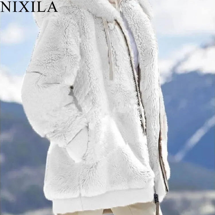 New In Spring Autumn Loose Plush Zipper Hooded Jacket Women's Coats and Jackets Women's Pink Clothes Winter Jackets Women Tops