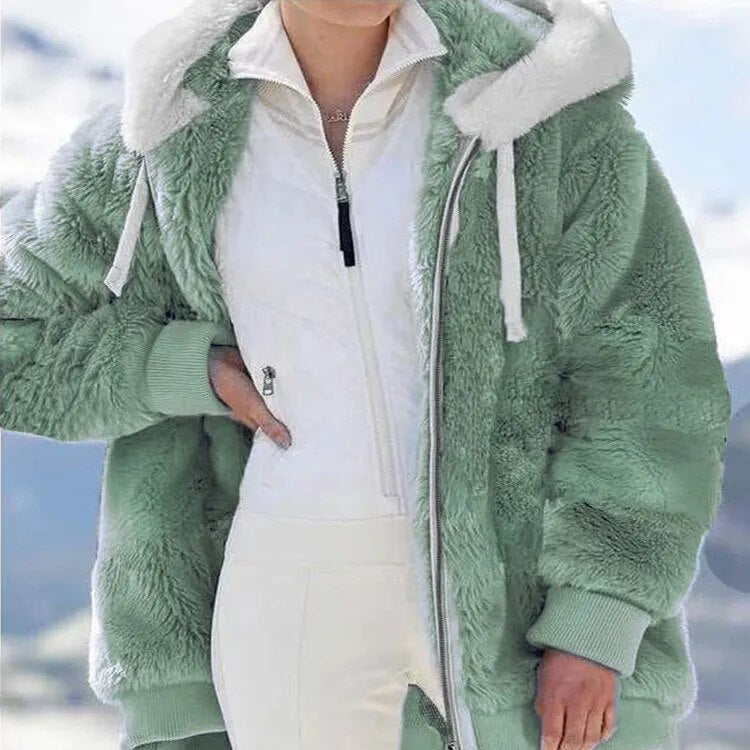 New In Spring Autumn Loose Plush Zipper Hooded Jacket Women's Coats and Jackets Women's Pink Clothes Winter Jackets Women Tops Green
