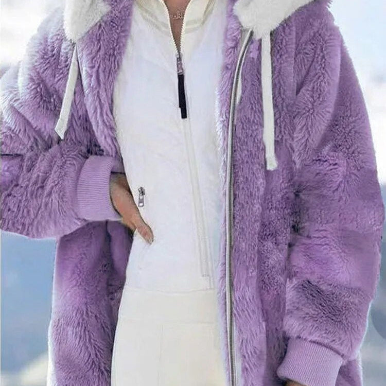 New In Spring Autumn Loose Plush Zipper Hooded Jacket Women's Coats and Jackets Women's Pink Clothes Winter Jackets Women Tops Purple