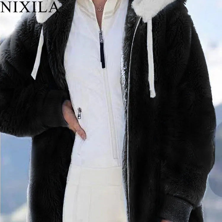 New In Spring Autumn Loose Plush Zipper Hooded Jacket Women's Coats and Jackets Women's Pink Clothes Winter Jackets Women Tops