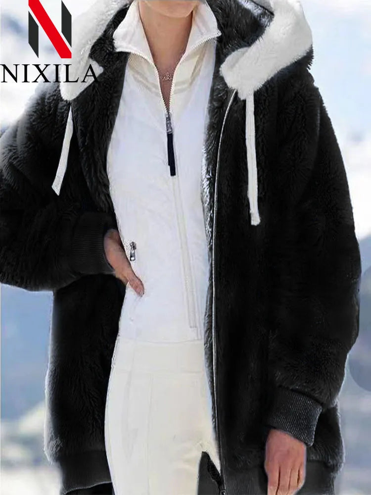 New In Spring Autumn Loose Plush Zipper Hooded Jacket Women's Coats and Jackets Women's Pink Clothes Winter Jackets Women Tops