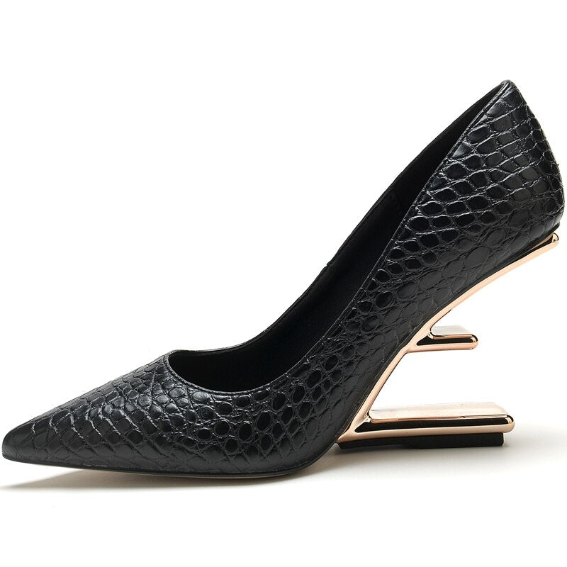 New Metal High Heels Women Shoes Strange Style Pumps Women Pointed Toe Buckle Party Dress Shoes Women Fashion Zapatos De Mujer Black 03