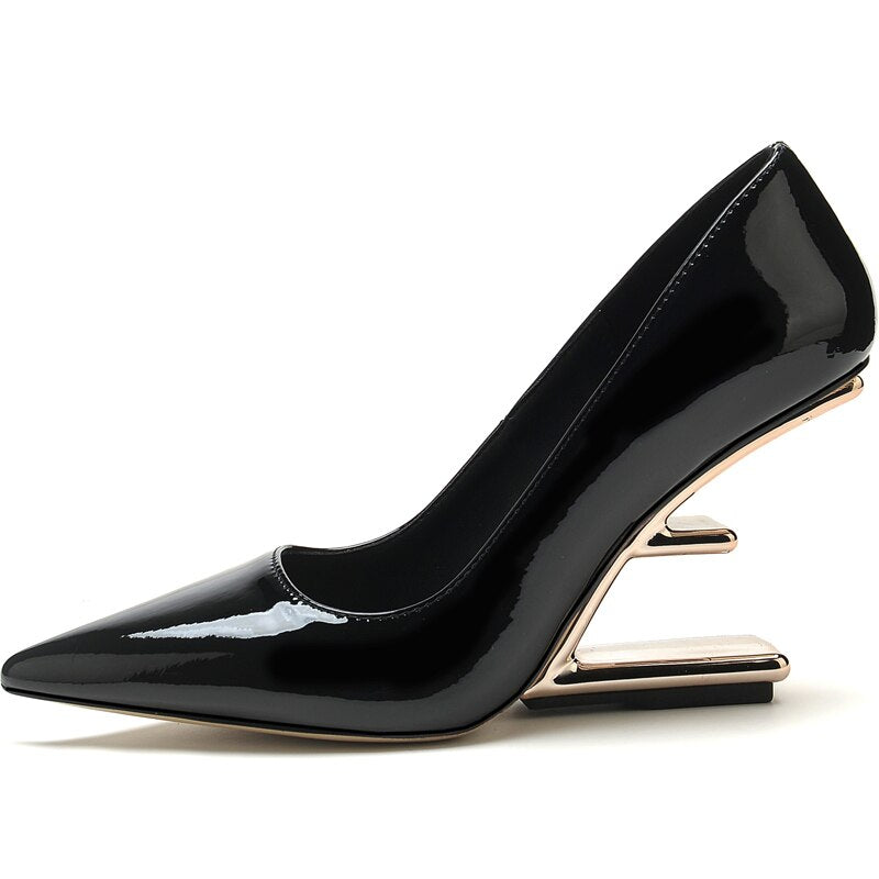 New Metal High Heels Women Shoes Strange Style Pumps Women Pointed Toe Buckle Party Dress Shoes Women Fashion Zapatos De Mujer Black Patent Leather
