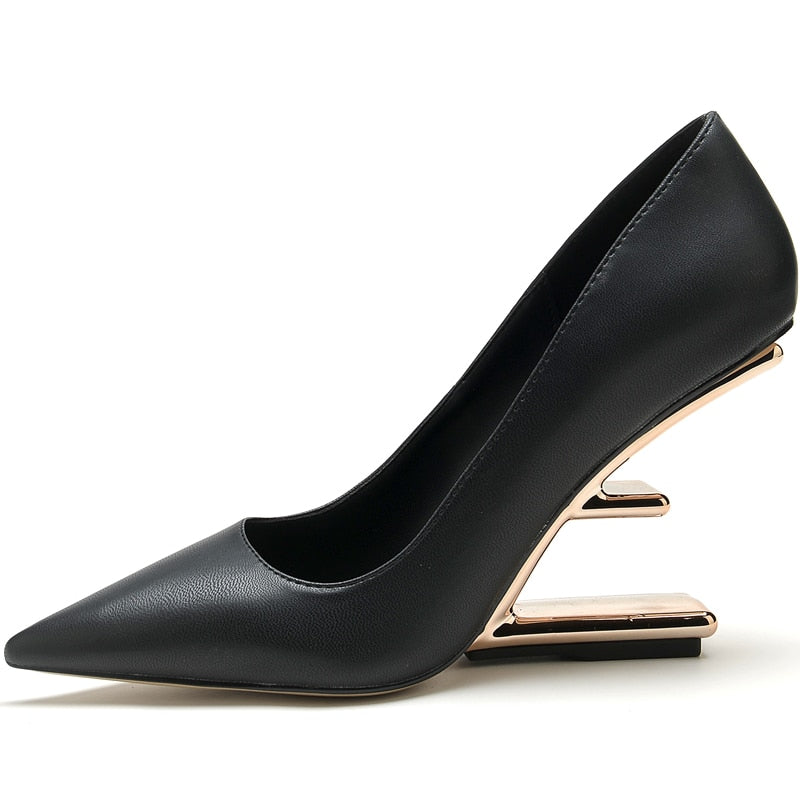 New Metal High Heels Women Shoes Strange Style Pumps Women Pointed Toe Buckle Party Dress Shoes Women Fashion Zapatos De Mujer Black 02