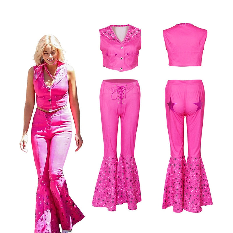 New Movie Barbie Cosplay Costume Hot Starry Pink Top and Pants Pink Dress Woman Halloween Role Play Party Costume for Gilrs