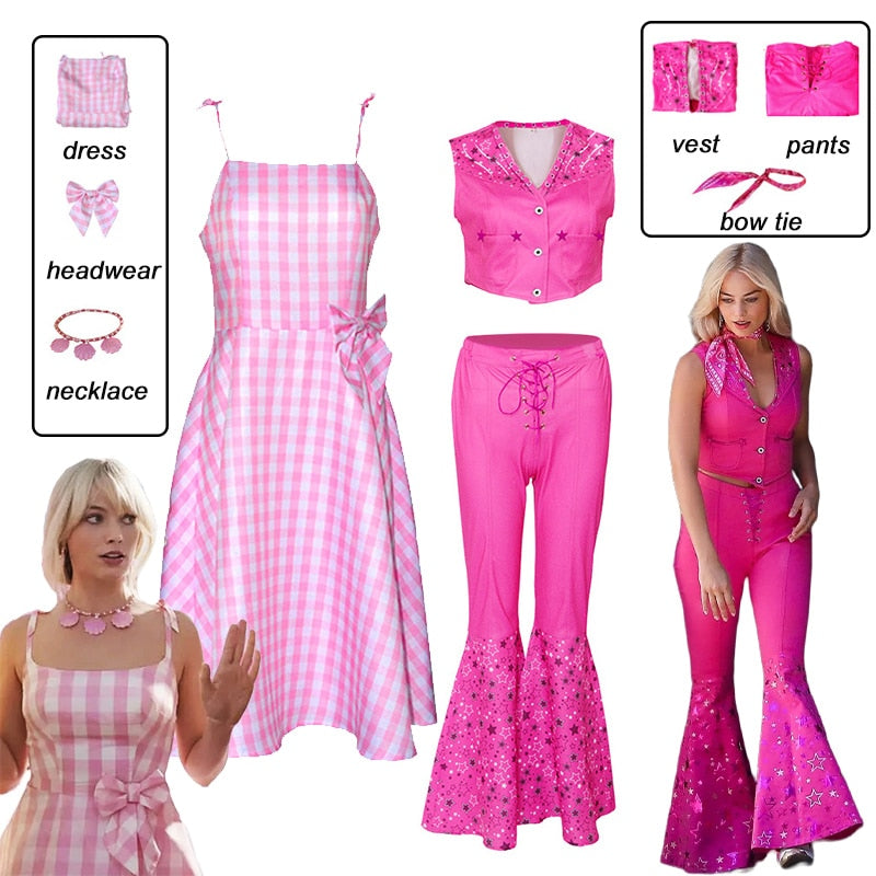 New Movie Barbie Cosplay Costume Hot Starry Pink Top and Pants Pink Dress Woman Halloween Role Play Party Costume for Gilrs AMAIO