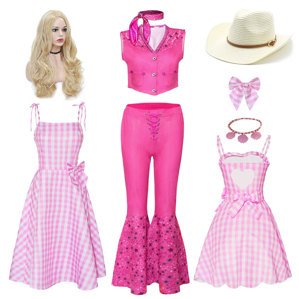 New Movies Halloween Girls Barbie Cosplay Costume Party Bow Sleeveless Vintage Pink Plaid Dress Rose Street Punk Clothing Set AMAIO
