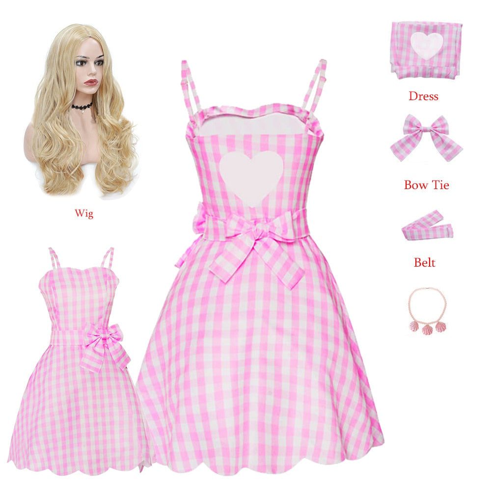 New Movies Halloween Girls Barbie Cosplay Costume Party Bow Sleeveless Vintage Pink Plaid Dress Rose Street Punk Clothing Set Barbie B2