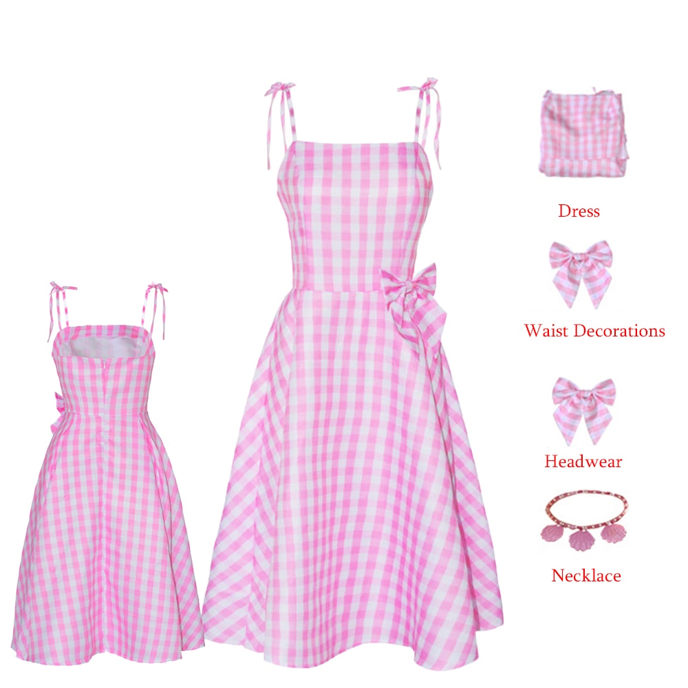 New Movies Halloween Girls Barbie Cosplay Costume Party Bow Sleeveless Vintage Pink Plaid Dress Rose Street Punk Clothing Set Barbie A1
