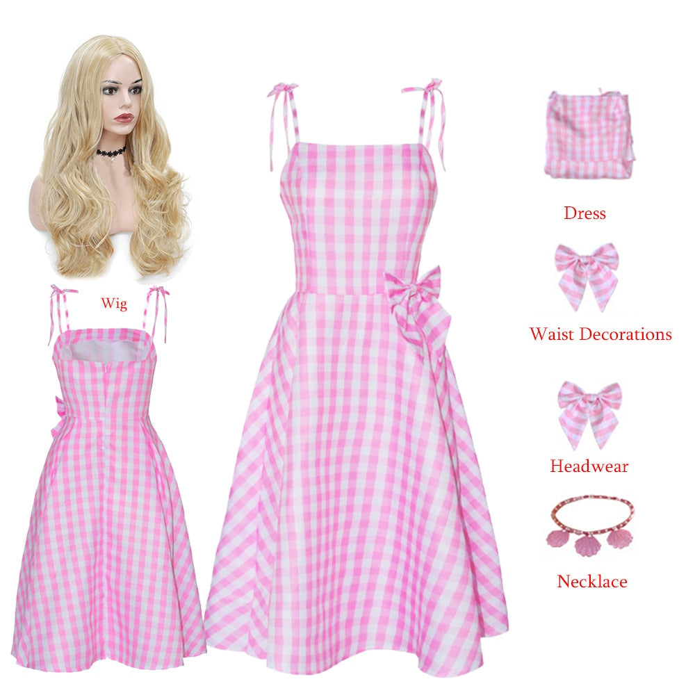 New Movies Halloween Girls Barbie Cosplay Costume Party Bow Sleeveless Vintage Pink Plaid Dress Rose Street Punk Clothing Set Barbie A2