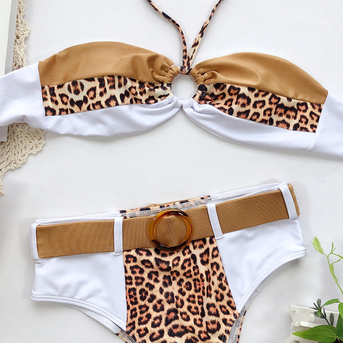 New Sexy Bikini 3 Colour Patchwork Leopard Halter High Waist Swimwear - Swimsuit Bikini Set Bathing Suit Bikini Taille Haute