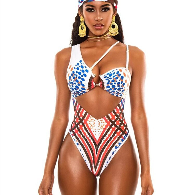 New Sexy Bikini High Waist Totem Print One Piece Swimwear - Swimsuit Female Beach Bikinis Set Bathing Suit Banadores