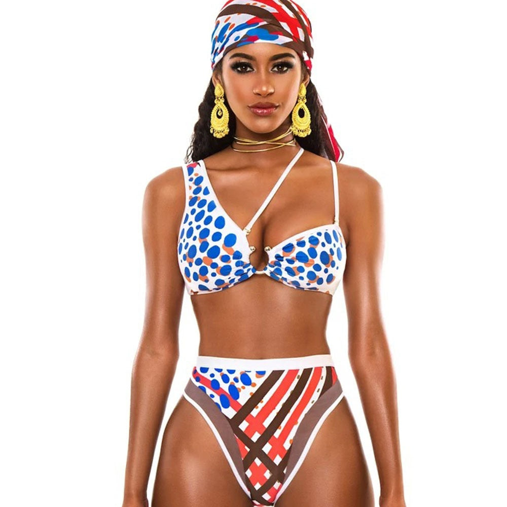 New Sexy Bikini High Waist Totem Print One Piece Swimwear - Swimsuit Female Beach Bikinis Set Bathing Suit Banadores AMAIO