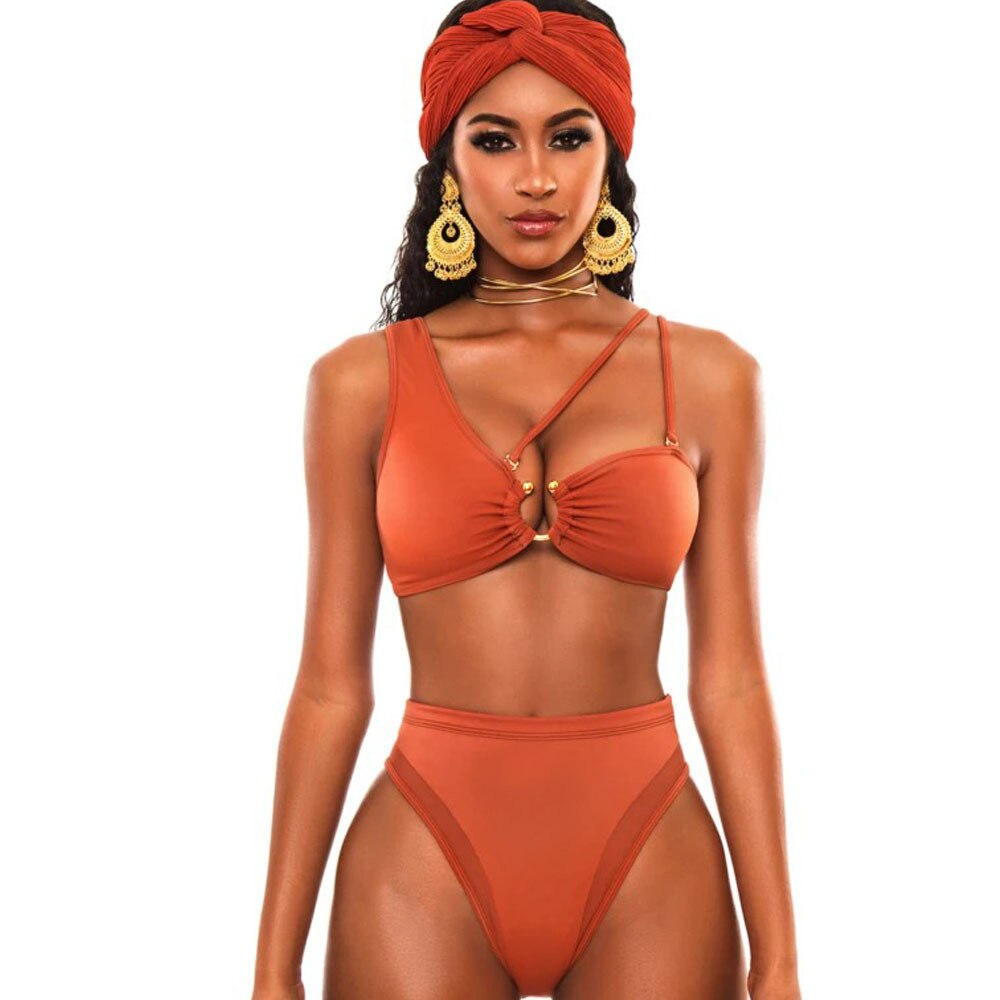 New Sexy Bikini High Waist Totem Print One Piece Swimwear - Swimsuit Female Beach Bikinis Set Bathing Suit Banadores Orange Red Two-piece