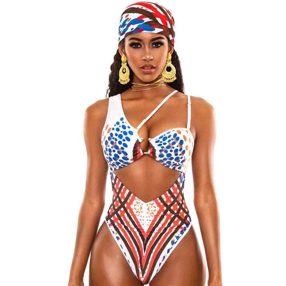 New Sexy Bikini High Waist Totem Print One Piece Swimwear - Swimsuit Female Beach Bikinis Set Bathing Suit Banadores White One-piece