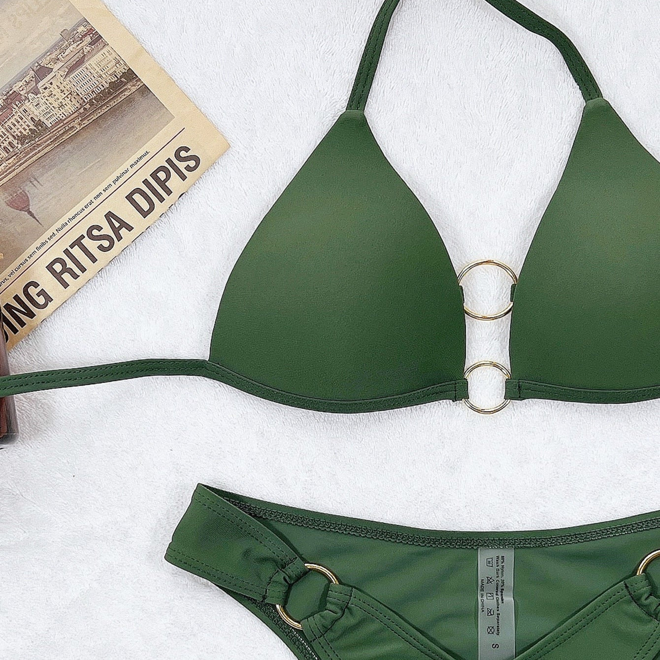 New Sexy Bikini Push Up Green Hollow Halter Swimwear - Swimsuit Bikinis Set Bathing Suit Bikini Female Metal Ring Decor
