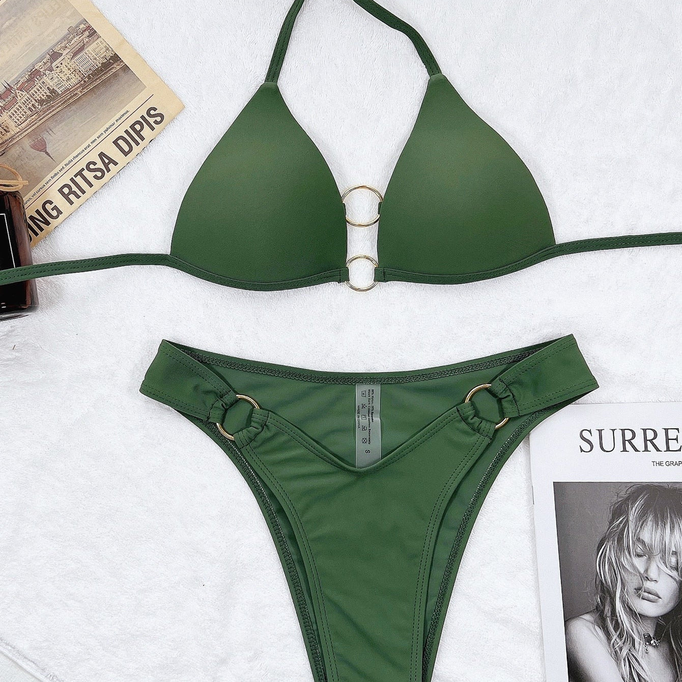 New Sexy Bikini Push Up Green Hollow Halter Swimwear - Swimsuit Bikinis Set Bathing Suit Bikini Female Metal Ring Decor Green