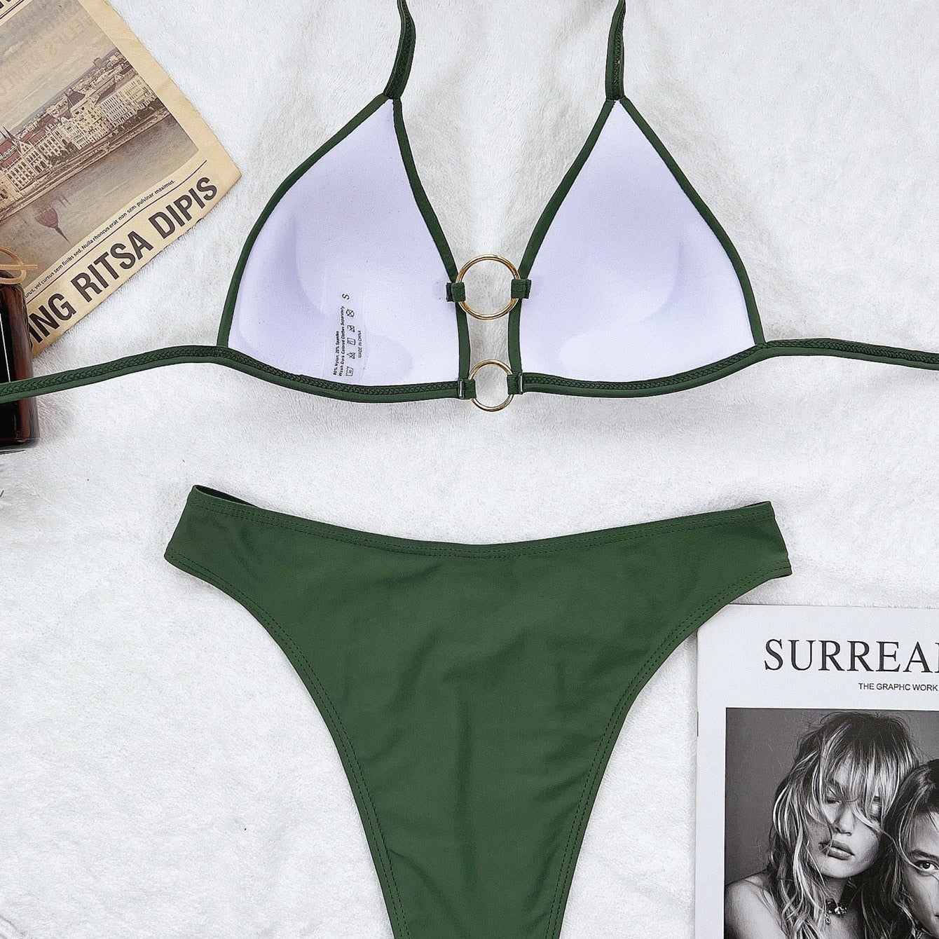 New Sexy Bikini Push Up Green Hollow Halter Swimwear - Swimsuit Bikinis Set Bathing Suit Bikini Female Metal Ring Decor