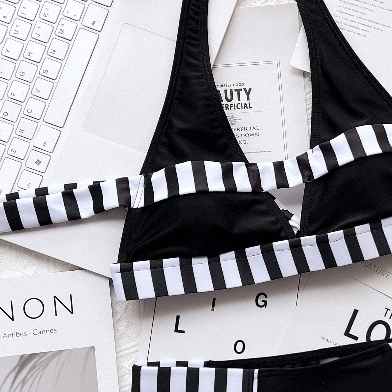 New Sexy Bikini Stripe Patchwork Hollow Swimwear - Swimsuit Halter Bikinis Set Bathing Suit Beach Bikini Female Push Up