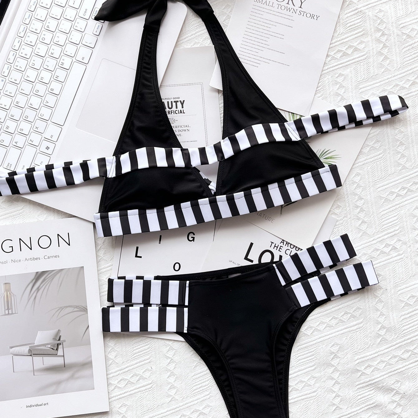 New Sexy Bikini Stripe Patchwork Hollow Swimwear - Swimsuit Halter Bikinis Set Bathing Suit Beach Bikini Female Push Up Black