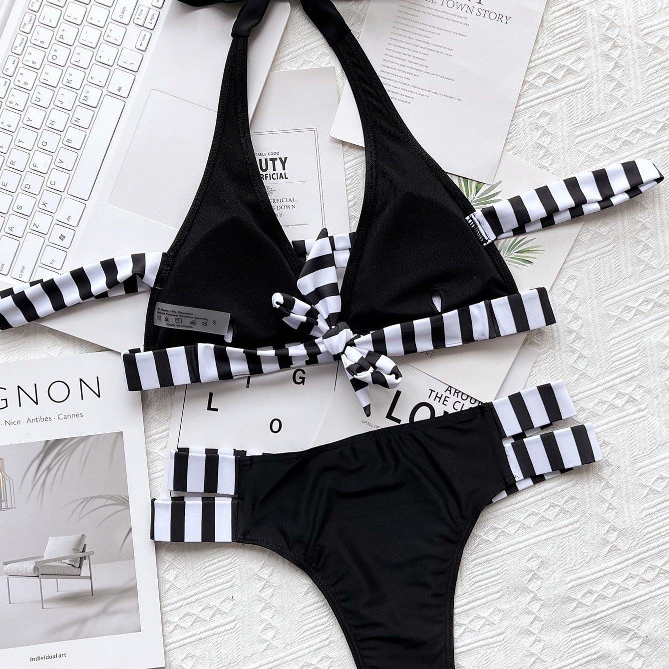 New Sexy Bikini Stripe Patchwork Hollow Swimwear - Swimsuit Halter Bikinis Set Bathing Suit Beach Bikini Female Push Up