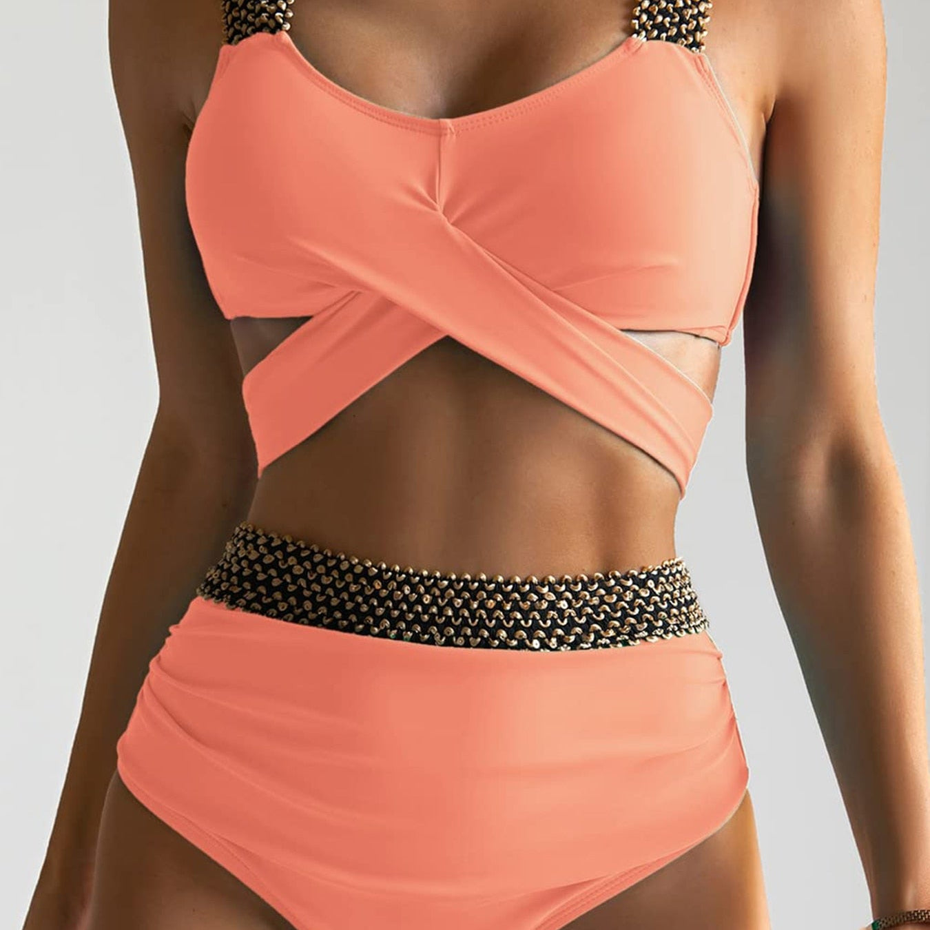 Sexy Cross High Waist Bikini Set Push Up Swimwear Pink