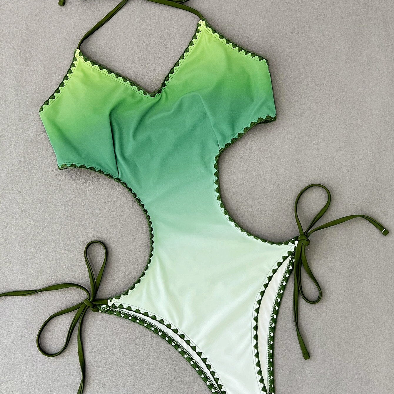 New Sexy One Piece Swimsuit - Swimwear V-neck Halter Gradient One-piece Bathing Suit Beachwear Emerald Green