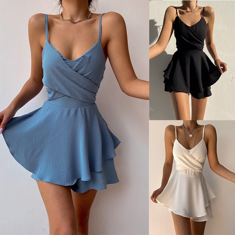 New Slim Spaghetti Strap Sexy Jumpsuits Y2k Solid Ruffles Summer Rompers Casual Threaded Slip Playsuit Female 2024 Ropa Mujer