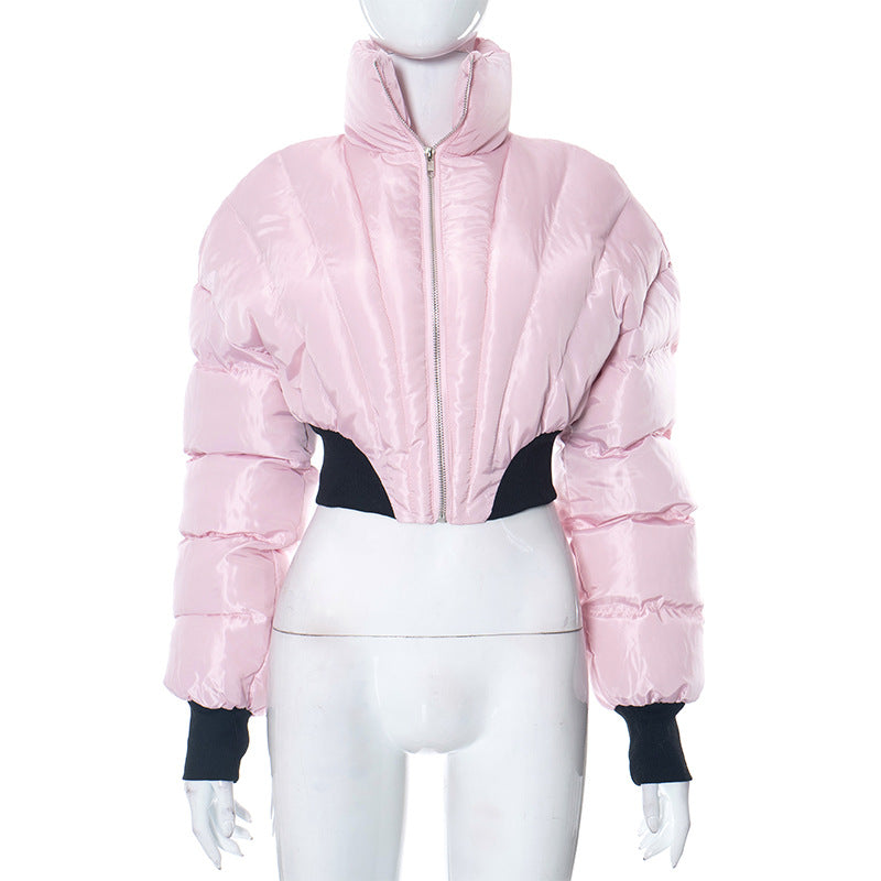 New Solid Color Casual Polo Collar Long-sleeve Zipper Slim Fit Midriff-baring Jacket Pink