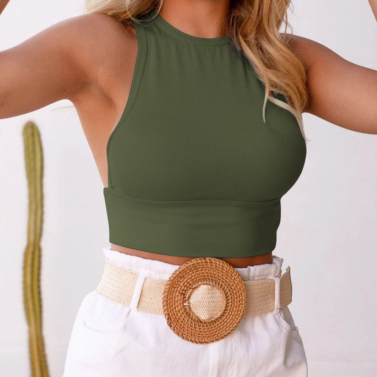 New Summer Slim Short Top Sexy Women Sleeveless O Neck Croptops Open Navel Tank Tops Solid Black/White Crop Vest Tops Wholesale olive green